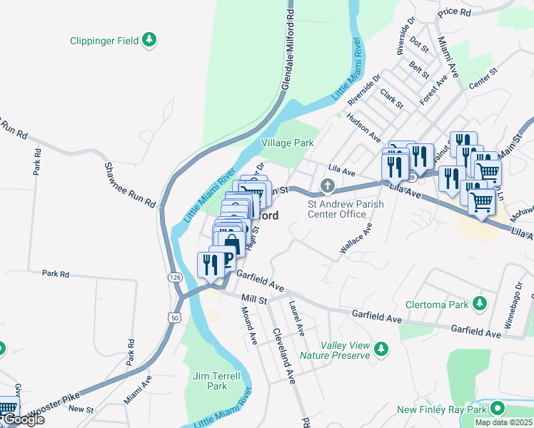 map of restaurants, bars, coffee shops, grocery stores, and more near 406 High Street in Milford