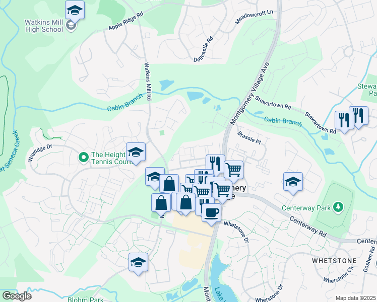 map of restaurants, bars, coffee shops, grocery stores, and more near 10255 Ridgeline Drive in Gaithersburg
