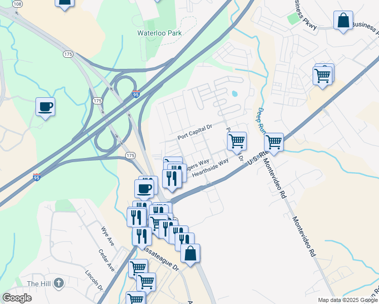 map of restaurants, bars, coffee shops, grocery stores, and more near 7317 Summit Rock Road in Elkridge
