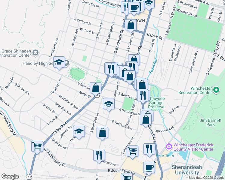 map of restaurants, bars, coffee shops, grocery stores, and more near 14 West Bond Street in Winchester