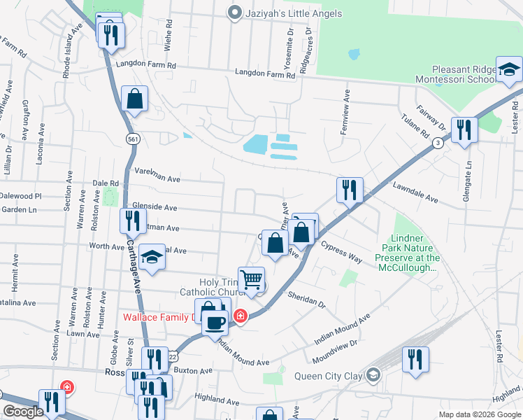 map of restaurants, bars, coffee shops, grocery stores, and more near 2340 Glenside Avenue in Cincinnati