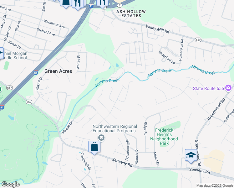 map of restaurants, bars, coffee shops, grocery stores, and more near 219 Village Court in Winchester