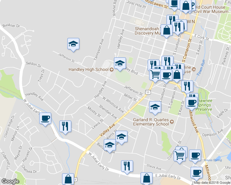 map of restaurants, bars, coffee shops, grocery stores, and more near 327 Miller Street in Winchester