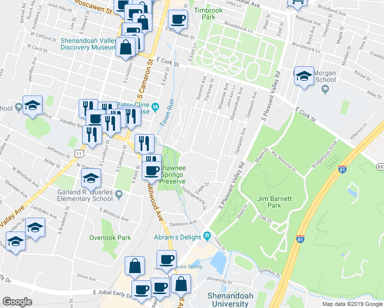 map of restaurants, bars, coffee shops, grocery stores, and more near 405 East Pall Mall Street in Winchester