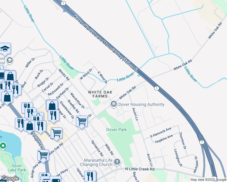 map of restaurants, bars, coffee shops, grocery stores, and more near 38 Fair Wind Place in Dover
