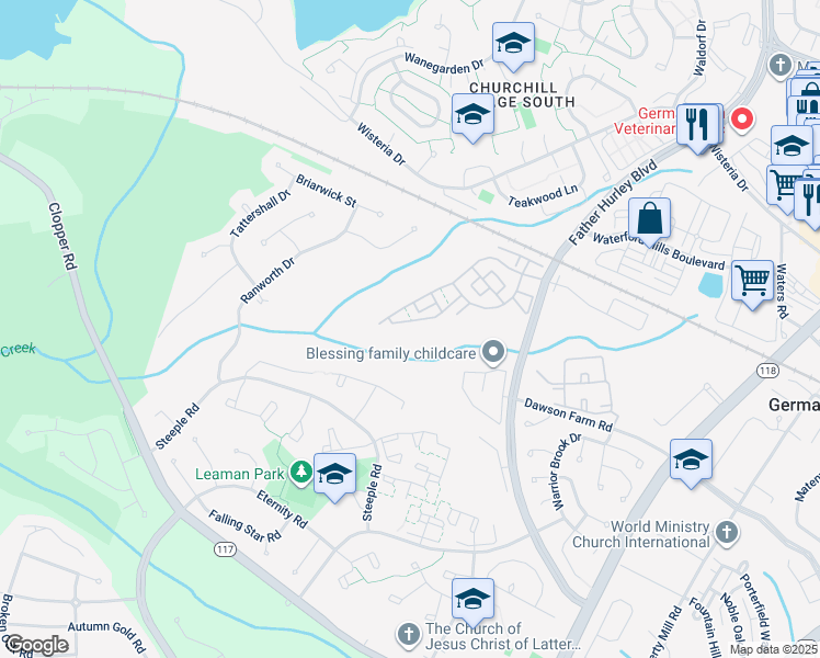 map of restaurants, bars, coffee shops, grocery stores, and more near 19417 Rayfield Drive in Germantown