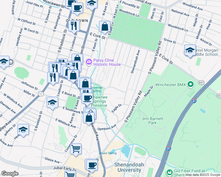 map of restaurants, bars, coffee shops, grocery stores, and more near 405 East Pall Mall Street in Winchester