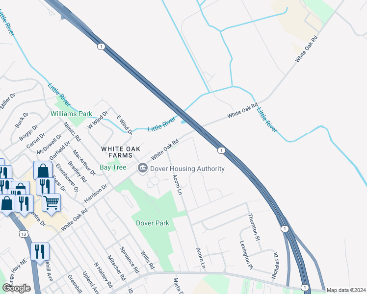 map of restaurants, bars, coffee shops, grocery stores, and more near 1378 Old White Oak Road in Dover
