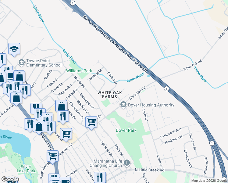 map of restaurants, bars, coffee shops, grocery stores, and more near 3 Fair Wind Place in Dover