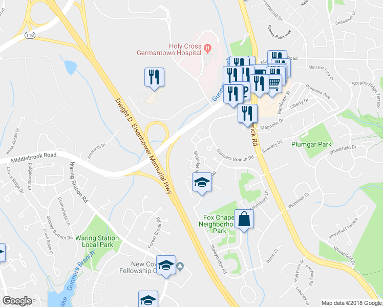 map of restaurants, bars, coffee shops, grocery stores, and more near 19472 Zinnia Circle in Germantown
