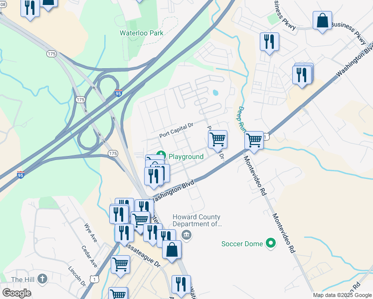 map of restaurants, bars, coffee shops, grocery stores, and more near 7338 Summit Rock Road in Elkridge