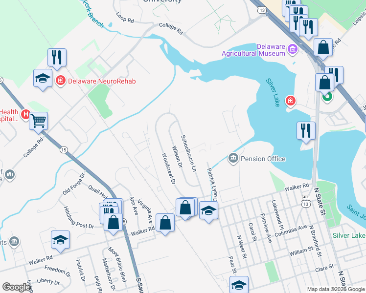 map of restaurants, bars, coffee shops, grocery stores, and more near 900 Schoolhouse Ln in Dover