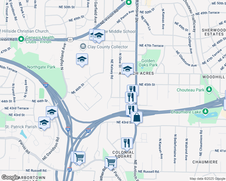 map of restaurants, bars, coffee shops, grocery stores, and more near 4441 Northeast Kelsey Road in Kansas City