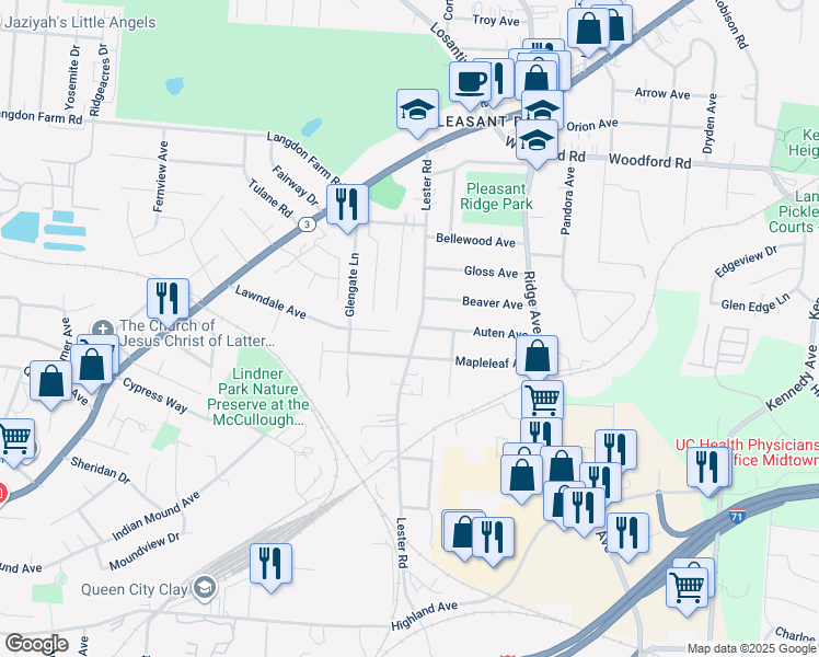 map of restaurants, bars, coffee shops, grocery stores, and more near 5621 Lester Road in Cincinnati