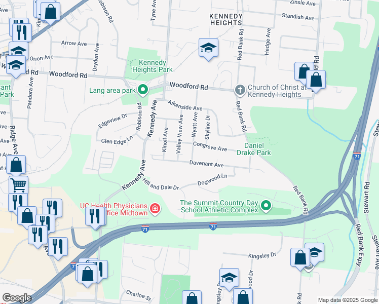 map of restaurants, bars, coffee shops, grocery stores, and more near 5719 Wyatt Avenue in Cincinnati