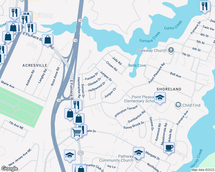 map of restaurants, bars, coffee shops, grocery stores, and more near 124 Inglewood Drive in Glen Burnie