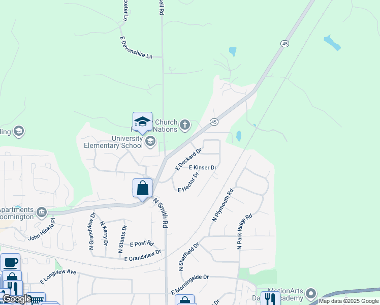map of restaurants, bars, coffee shops, grocery stores, and more near 4343 East Deckard Drive in Bloomington