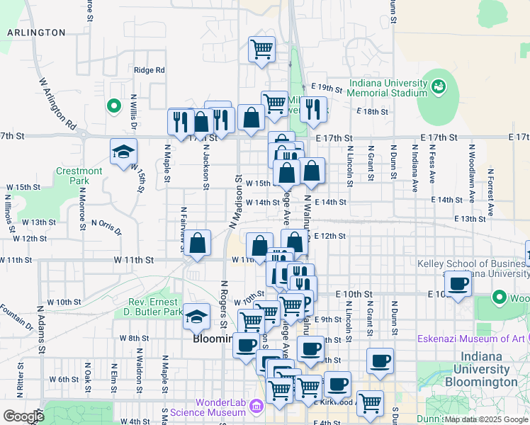 map of restaurants, bars, coffee shops, grocery stores, and more near 307 West 13th Street in Bloomington