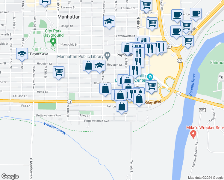 map of restaurants, bars, coffee shops, grocery stores, and more near 606 Yuma Street in Manhattan