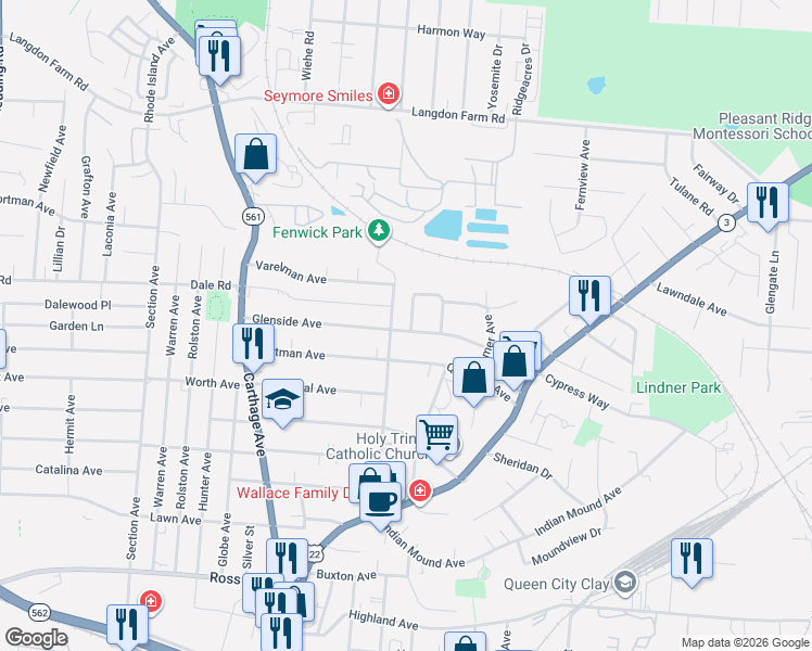 map of restaurants, bars, coffee shops, grocery stores, and more near 2320 Glenside Avenue in Cincinnati