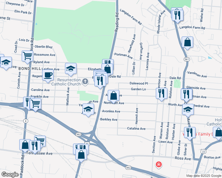 map of restaurants, bars, coffee shops, grocery stores, and more near 4890 Reading Road in Cincinnati