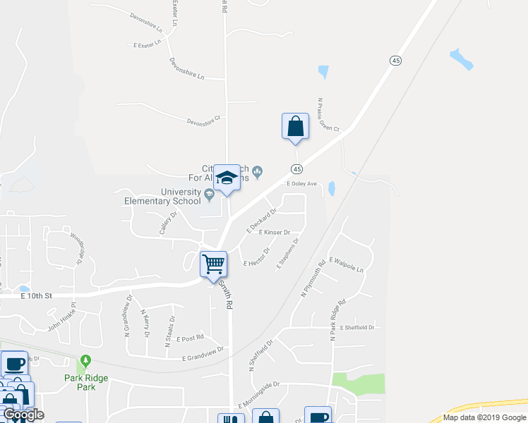map of restaurants, bars, coffee shops, grocery stores, and more near 4343 East Deckard Drive in Bloomington
