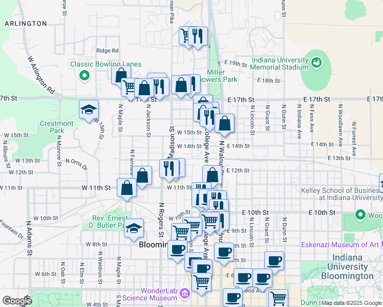 map of restaurants, bars, coffee shops, grocery stores, and more near 307 West 13th Street in Bloomington