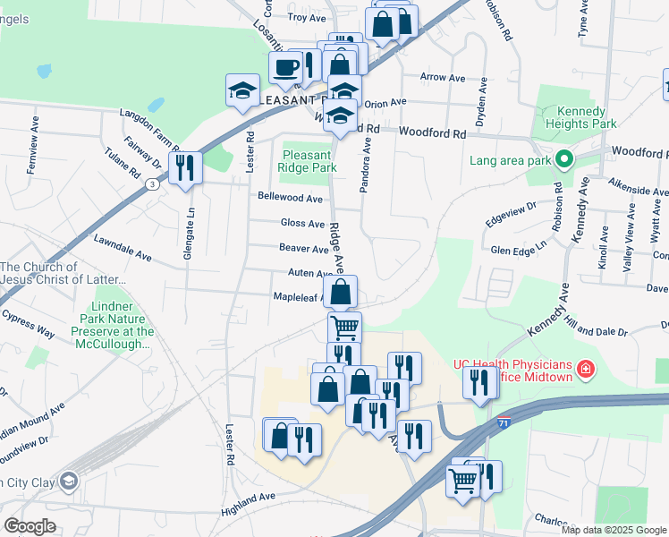 map of restaurants, bars, coffee shops, grocery stores, and more near 5639 Ridge Avenue in Cincinnati