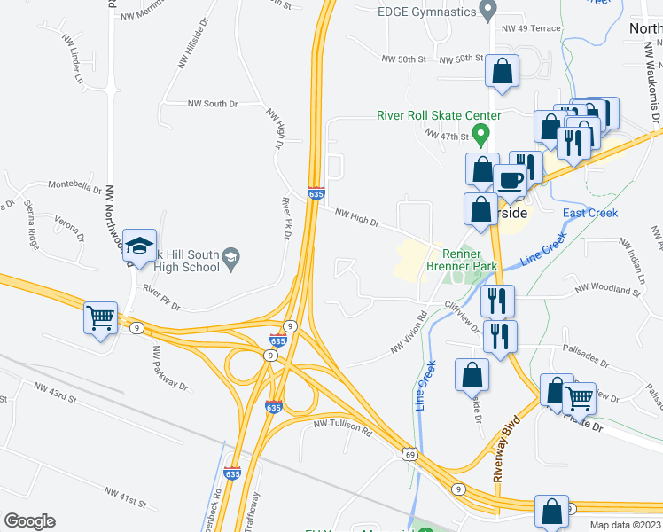 map of restaurants, bars, coffee shops, grocery stores, and more near 4415 Northwest Hon Drive in Riverside