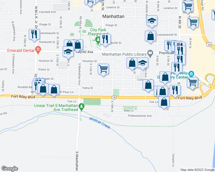 map of restaurants, bars, coffee shops, grocery stores, and more near 1012 Yuma Street in Manhattan