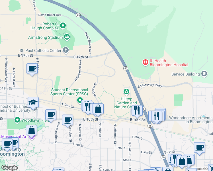 map of restaurants, bars, coffee shops, grocery stores, and more near 1130 North Union Court in Bloomington
