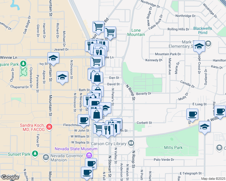 map of restaurants, bars, coffee shops, grocery stores, and more near 1800 North Peter's Street in Carson City