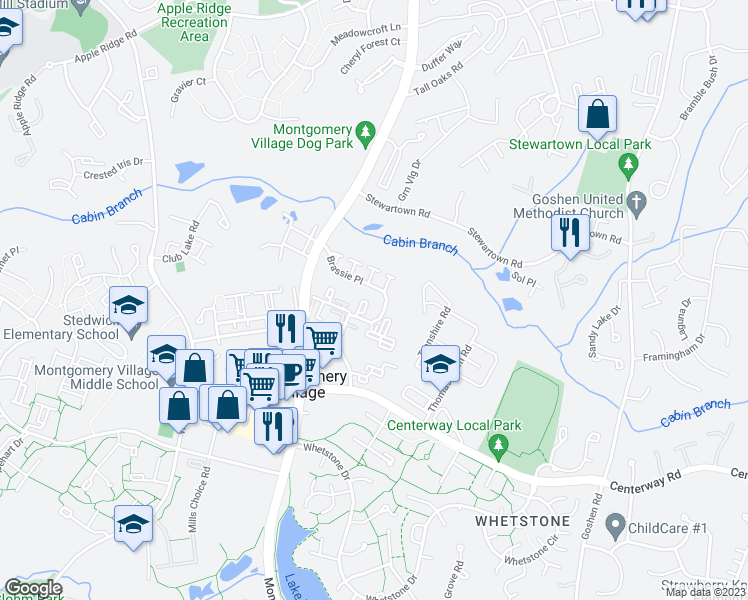 map of restaurants, bars, coffee shops, grocery stores, and more near 71 Brassie Court in Montgomery Village