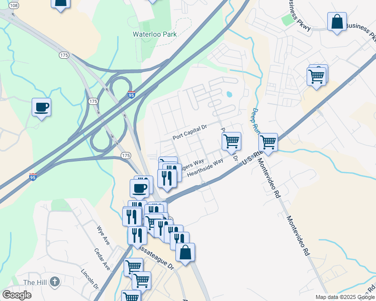map of restaurants, bars, coffee shops, grocery stores, and more near 7323 Summit Rock Road in Elkridge