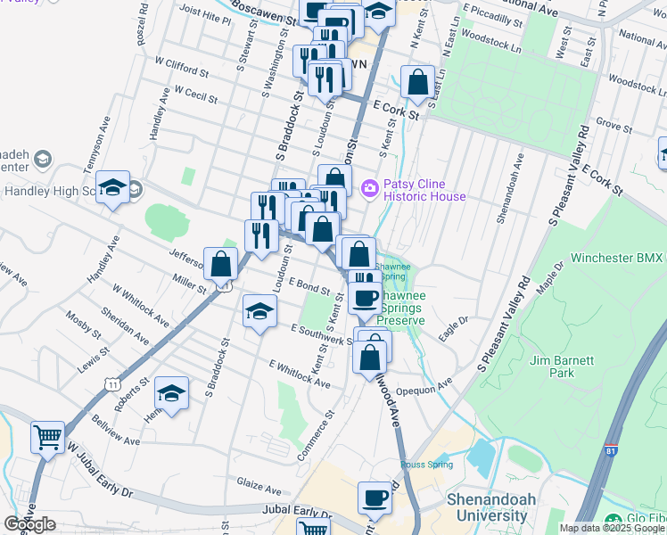 map of restaurants, bars, coffee shops, grocery stores, and more near 124 East James Street in Winchester