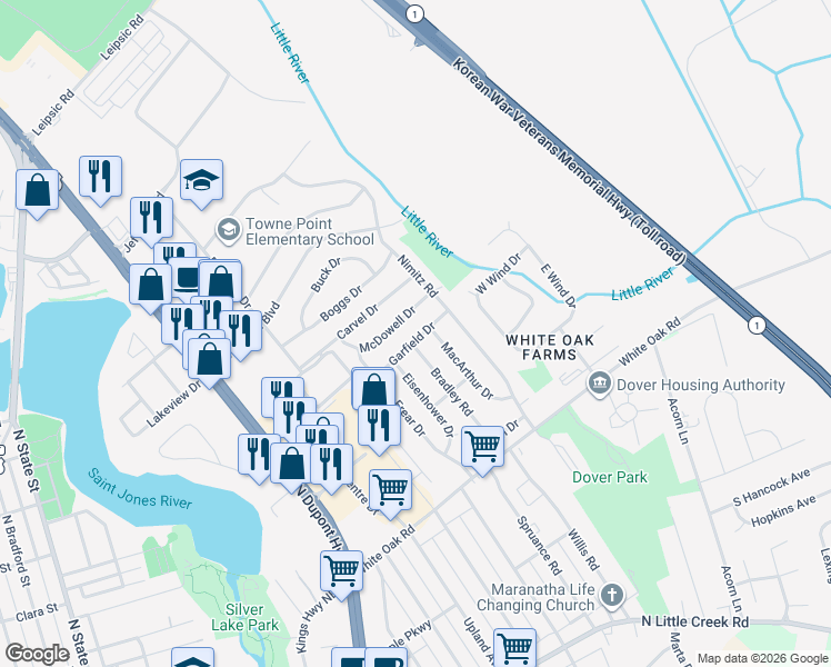 map of restaurants, bars, coffee shops, grocery stores, and more near 1325 Garfield Drive in Dover
