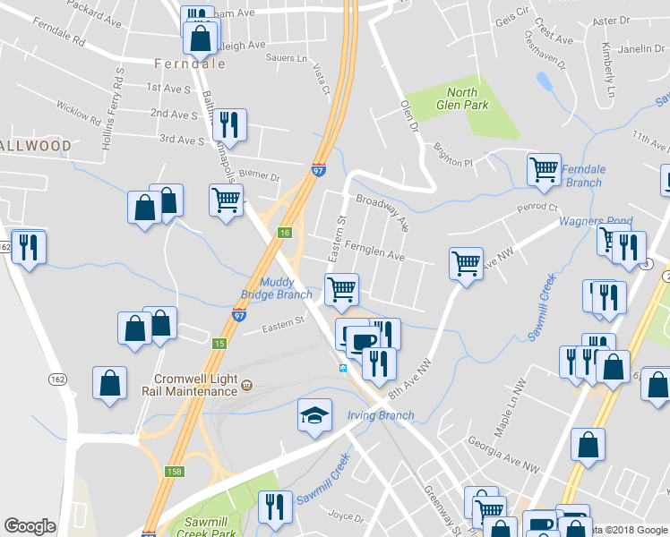 map of restaurants, bars, coffee shops, grocery stores, and more near 3 Eastern Street in Glen Burnie