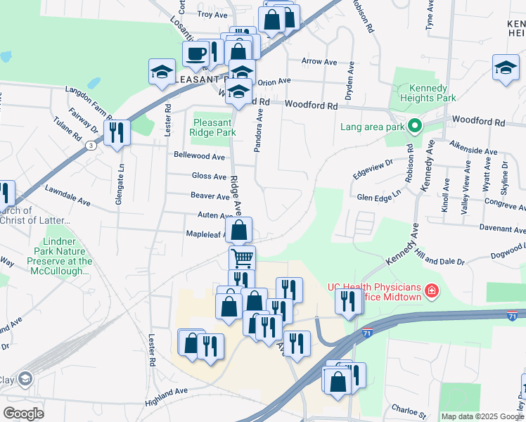 map of restaurants, bars, coffee shops, grocery stores, and more near 5753 Pandora Avenue in Cincinnati