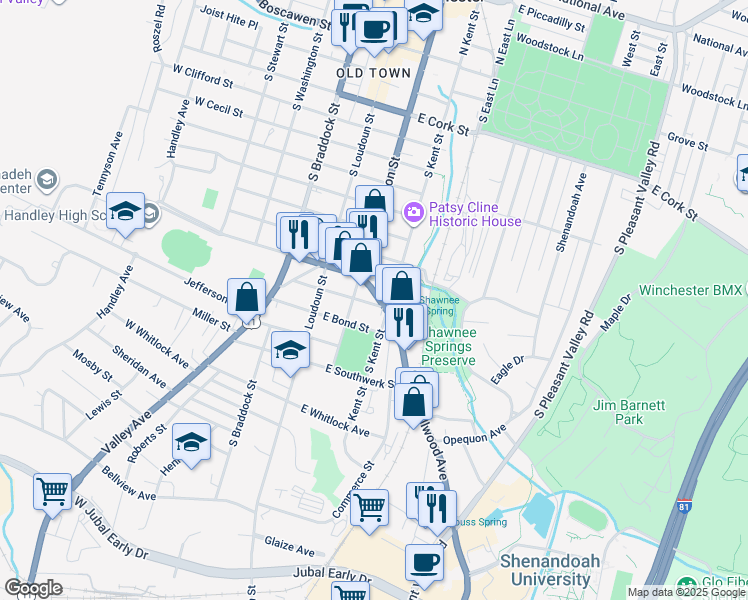 map of restaurants, bars, coffee shops, grocery stores, and more near 124 East James Street in Winchester
