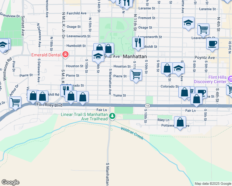 map of restaurants, bars, coffee shops, grocery stores, and more near 1218 Yuma Street in Manhattan