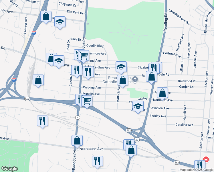 map of restaurants, bars, coffee shops, grocery stores, and more near 1400 Carolina Avenue in Cincinnati