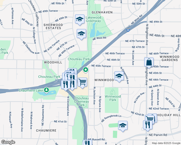 map of restaurants, bars, coffee shops, grocery stores, and more near 4505 Northeast Winn Road in Kansas City
