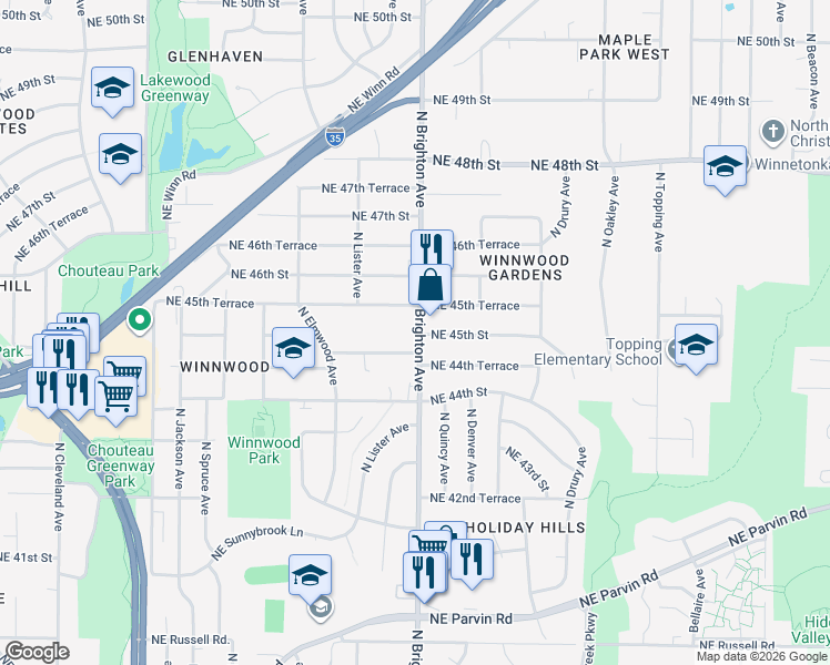 map of restaurants, bars, coffee shops, grocery stores, and more near 5005 Northeast 45th Street in Kansas City