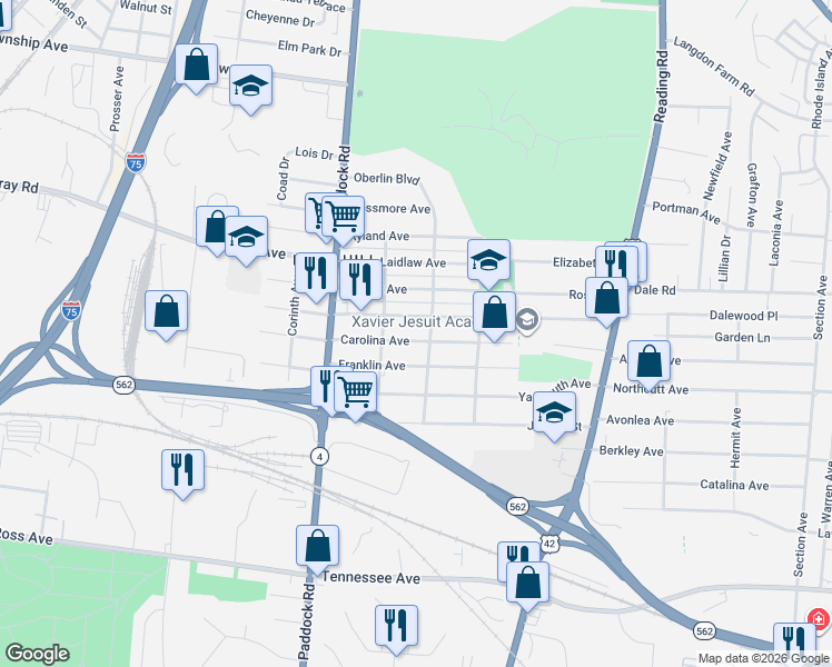 map of restaurants, bars, coffee shops, grocery stores, and more near 1400 Carolina Avenue in Cincinnati