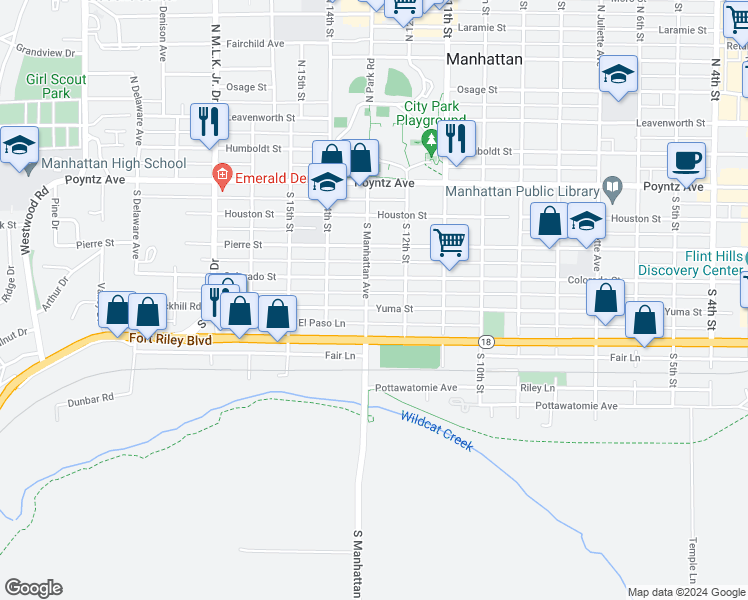 map of restaurants, bars, coffee shops, grocery stores, and more near 415 South Manhattan Avenue in Manhattan