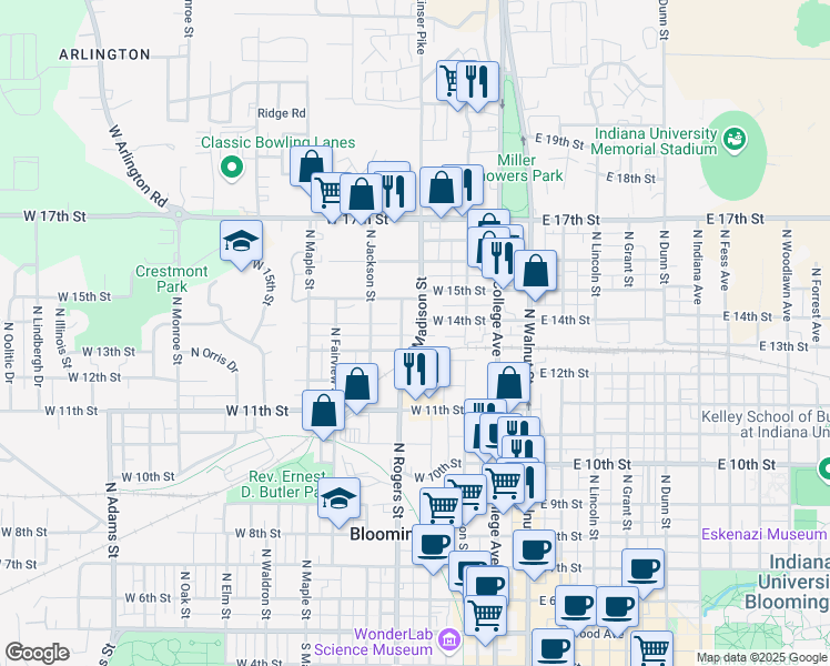 map of restaurants, bars, coffee shops, grocery stores, and more near 911 North Madison Street in Bloomington