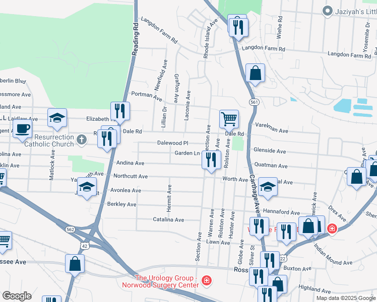 map of restaurants, bars, coffee shops, grocery stores, and more near 1942 Garden Lane in Cincinnati
