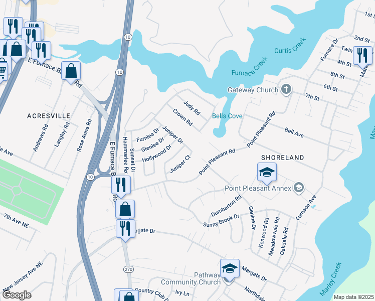 map of restaurants, bars, coffee shops, grocery stores, and more near 214 Juniper Drive in Glen Burnie