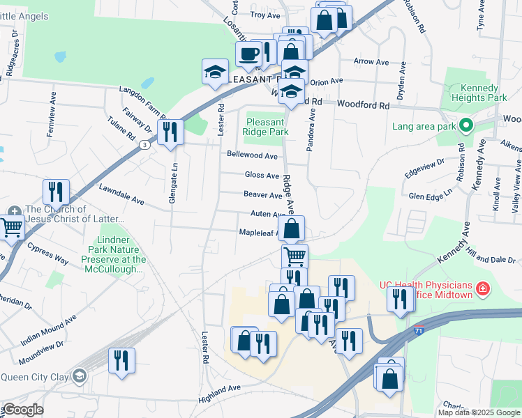 map of restaurants, bars, coffee shops, grocery stores, and more near 3124 Auten Avenue in Cincinnati