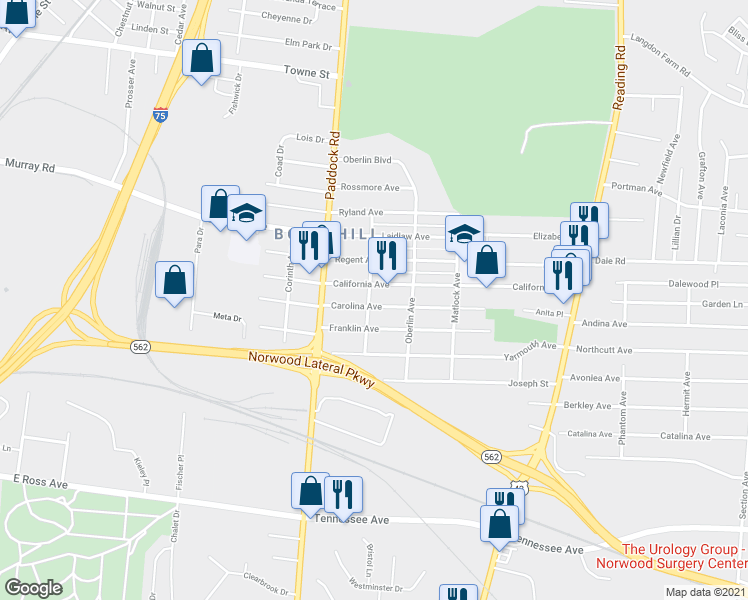 map of restaurants, bars, coffee shops, grocery stores, and more near 1302 Carolina Avenue in Cincinnati